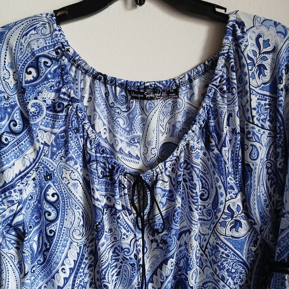 NWT Unique spectrum blue and white black blouse tassle tie 1X - Picture 5 of 12